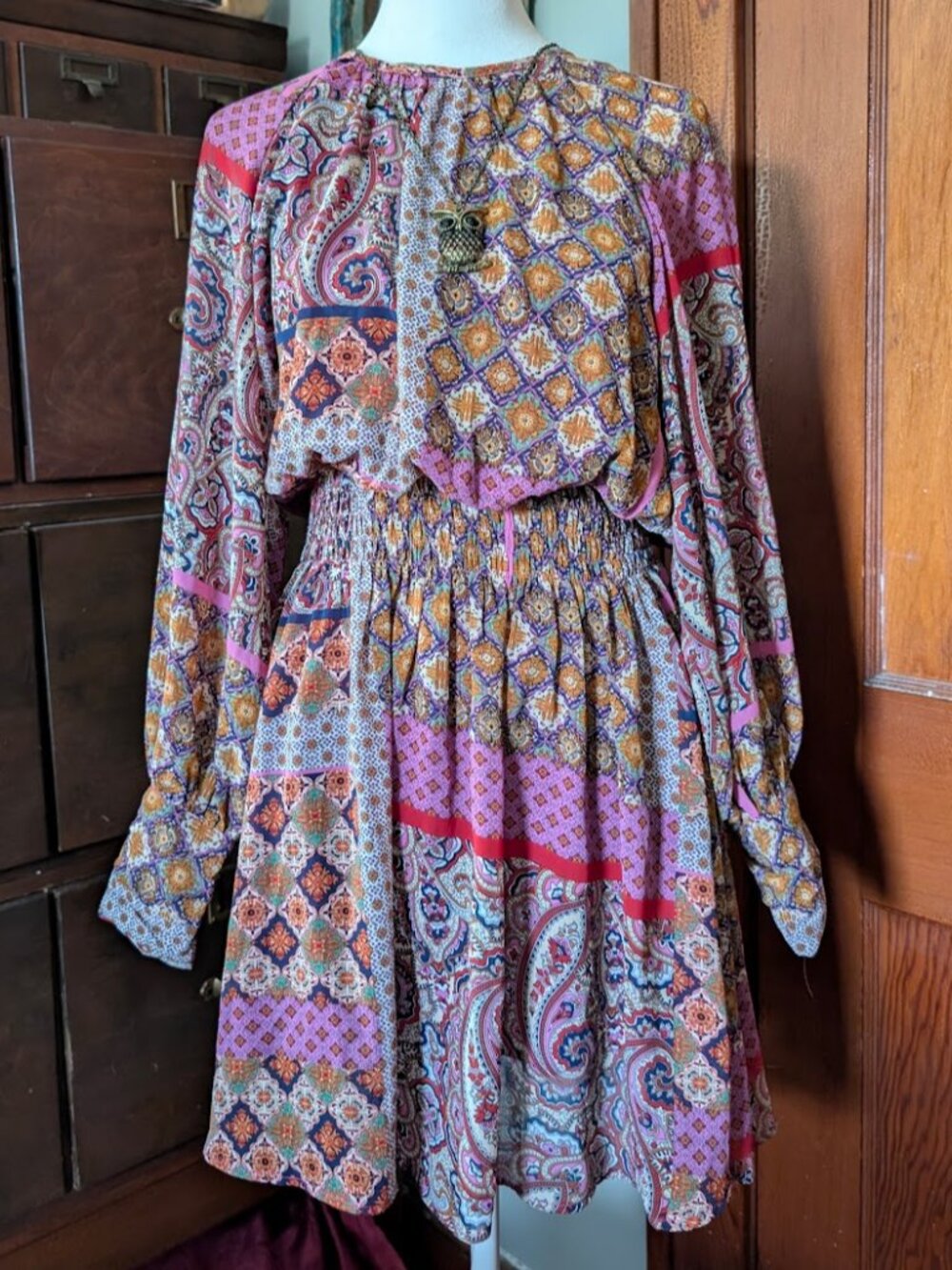 boho paisley long sleeve peasant dress entro size S / small